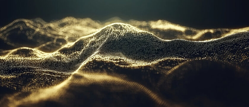 Golden shimmering particles create abstract wave-like forms and glowing digital mountains on a dark, ethereal background