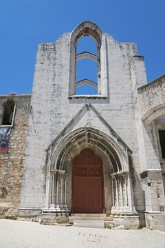 A Gothic church ruin with ornate archways standing out against the clear blue sky, Convento do Carmo, Do Carmo Monastery, Lisbon, Lisboa, Portugal