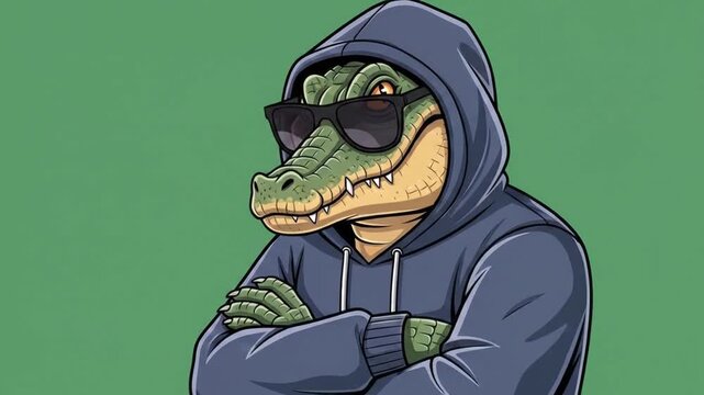 Cartoon alligator character in hoodie and sunglasses on green background