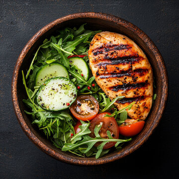 Grilled chicken breast and fresh salad with arugula, cucumber, tomatoes, and peppercorns in a wooden bowl, top view