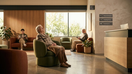 Fototapeta premium People Waiting Patiently in a Modern Medical Clinic's Waiting Area