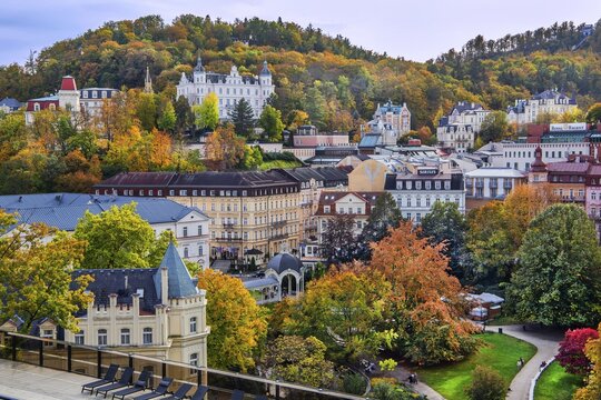 Town view with typical Art Nouveau buildings in autumn, Karlovy Vary, West Bohemian Spa Triangle, Karlovy Vary Region, Bohemia, Czech Republic, Unesco World Heritage Site