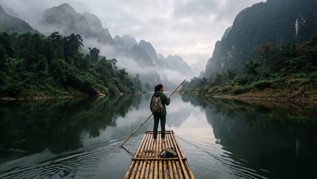 Person on a boat in scenic river surrounded by mountains, travel and nature landscape