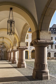 Arcade of New Town Hall building, Lower Market Square, Untermarkt, G&ouml;rlitz, Goerlitz, Germany