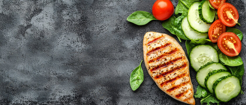 Grilled chicken breast with fresh salad of spinach, sliced cucumber, and halved tomatoes on a dark textured surface