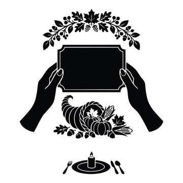 Hands holding empty sign frame with cornucopia and thanksgiving elements.