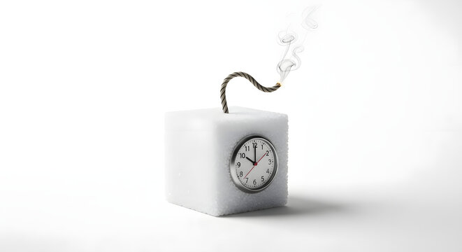 Sugar cube featuring a clock face and a burning fuse bomb