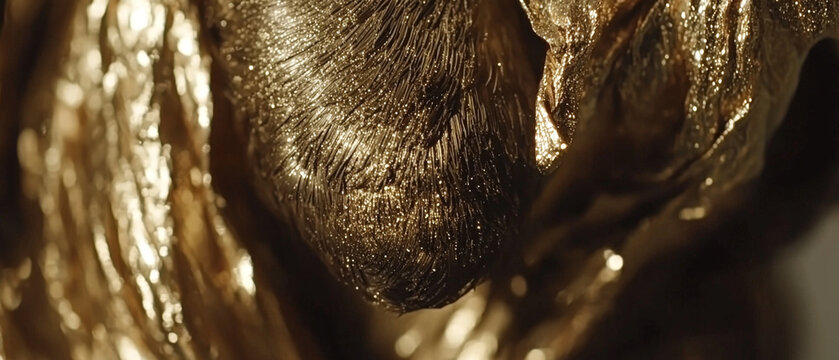 Intricate close-up of dark golden strands heavily coated with sparkling glitter, contrasting with soft, reflective gold textures