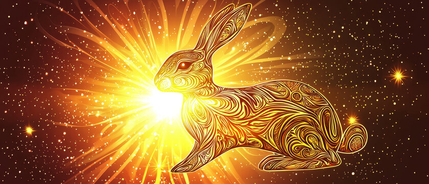 Intricate golden filigree rabbit glowing intensely with radiant light, surrounded by sparkling particles and a bright starburst on a dark background