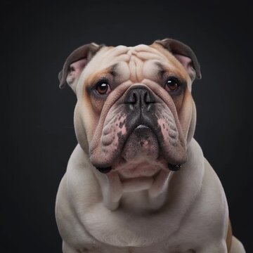 Close-up Studio Portrait of a Wrinkled Old English Bulldog with Expressive Face and Light Beige Fur Against Black Background