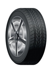 Obraz premium Car tire of rubber with disk. Vector realistic tire. Automobile wheel and maintenance. Truck or vehicle repairing and replacement for next season