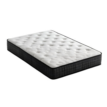 Close-up view of textured gray memory foam mattress topper on white background
