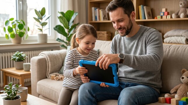 Child watches parent fit shockproof case onto tablet, illustrating device safety, modern parenting, child technology habits and everyday family responsibility.