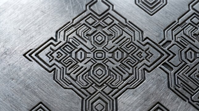 Brushed metal texture with engraved geometric pattern, industrial steel surface with intricate circuit board design, futuristic metallic background