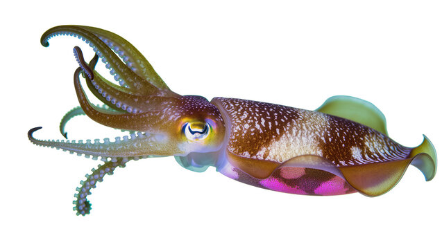 Cuttlefish with brown and white spots pink underside, and tentacles