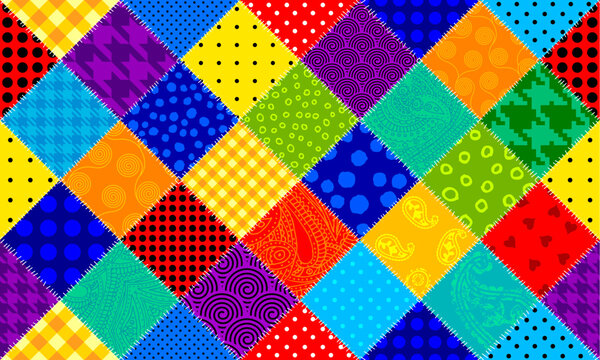 Colorful vibrant colors patchwork flat cartoon seamless vector pattern. Handmade patchwork quilt style background for textile concept or fun modern