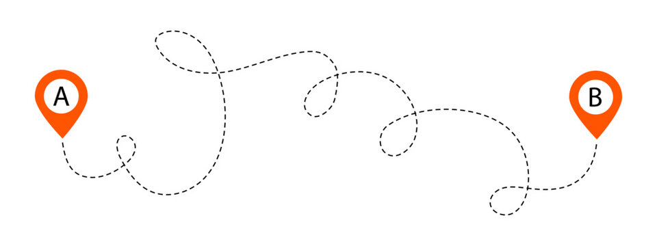 Squiggle dashed path line showing a route between two points, A and B vector illustration
