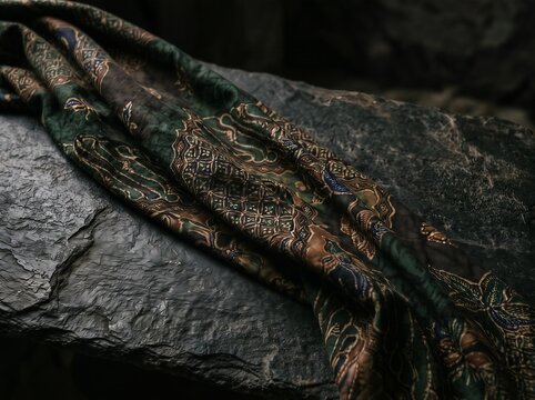 Elegant Batik Dark Green Patterned Fabric on Rough Gray Stone Surface with Gold Accents and Nature Inspired Designs