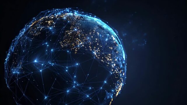 Digital earth network represented by glowing nodes and connecting lines slowly rotating in minimal environment