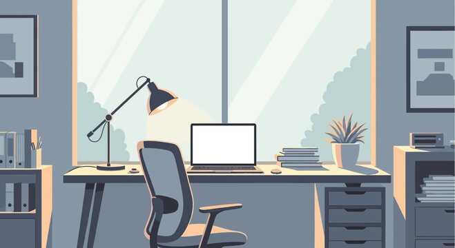 Cozy Home Office Setup with Desk, Laptop, Lamp, Chair, and Window View