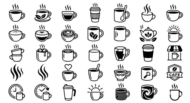Coffee icon set with 35 black line vector elements, minimalist cafe symbols including mugs, espresso cups, tea pots and takeaway containers