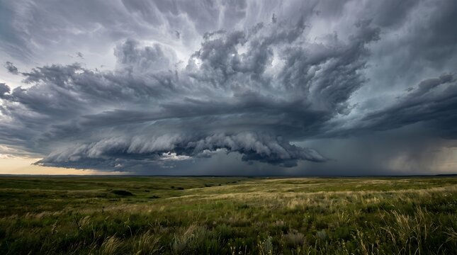Dramatic supercell storm cloud over rural plains, ominous dark thunderhead above green fields, extreme weather landscape with swirling storm clouds