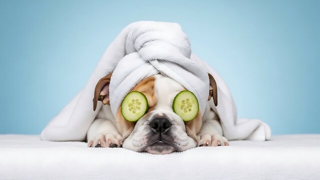 Bulldog with towel on head and cucumber slices on eyes, relaxing on a spa bed