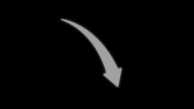 White neon glowing arrow curved on black background, direction pointer symbol and modern light sign motion animation 4k video...