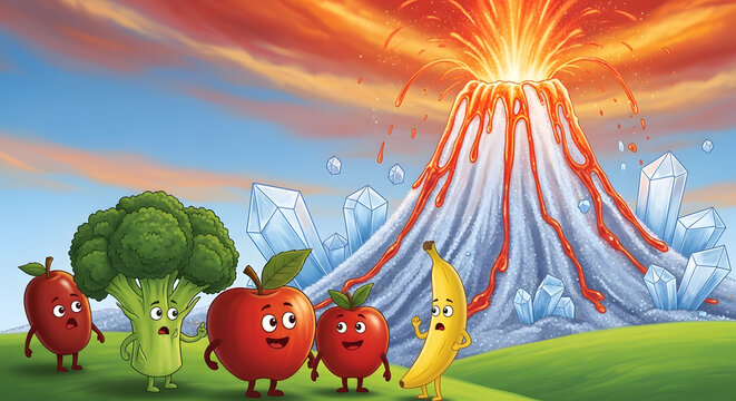 Cartoon fruit characters running away from a sugar cube volcano eruption.
