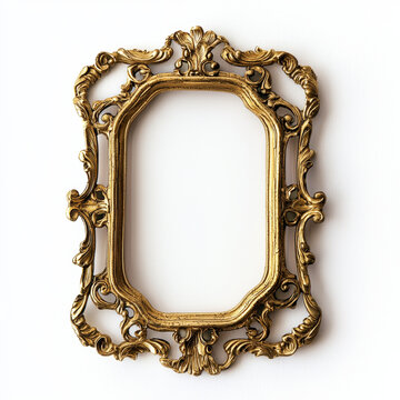 Ornate golden antique frame with intricate scrollwork and a curvilinear opening on a white background