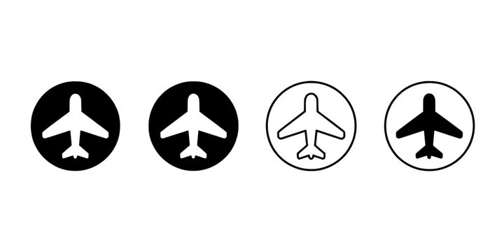 Airplane Travel Icon Set with Black and Outline Symbols, Simple Flat Design for Aviation Navigation and Tickets
