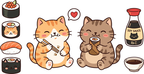 Cute Kawaii Cat and Sushi Vector Character Set with Happy Tabby Kittens Eating Japanese Food, Soy Sauce, and Chopsticks on White Background © Rownok