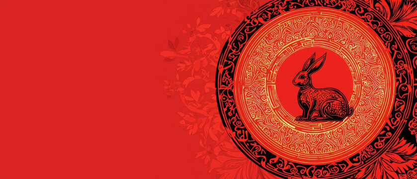Ornate red, black, and gold circular design featuring a stylized rabbit, set against a vibrant red background with subtle floral patterns