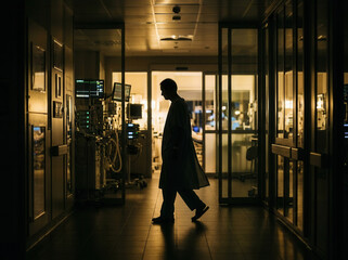Fototapeta premium Silhouette Of A Medical Professional Walking Along Hospital Corridor