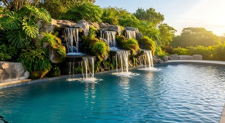 Obraz premium Tropical Rock Waterfall Flowing Into Blue Swimming Pool at Sunset