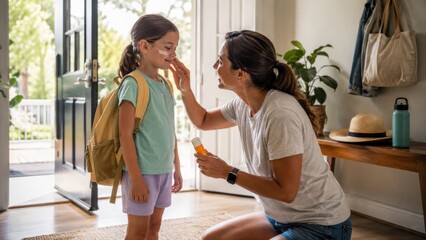 Obraz premium Parent applies sunscreen to child before leaving home, showing preventive child health, sun protection, summer safety and responsible everyday parenting.