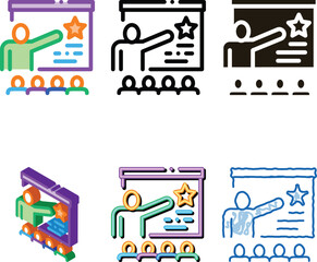 Naklejka premium Work Development Training Icon Thin Line Vector. Trainer Pointing On Star On Blackboard, Training For Worker Color Symbol multistyle