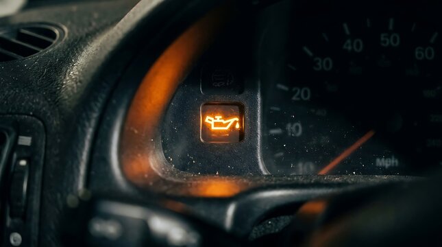 Illuminated Oil Warning Light Glowing on Dark Car Dashboard