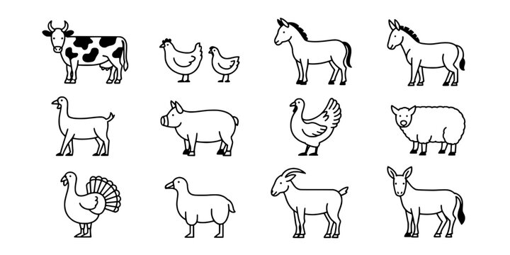 Animals Farm Set with Black and White Line Drawings Featuring Cow, Chicken, Horse with Donkey and Sheep Elements for Pig, Turkey Projects, Clean