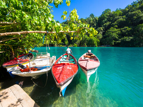 Jamaica, Port Antonio, boats in the blue lagoon