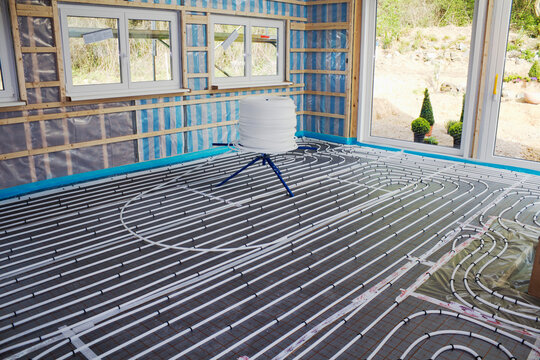 Europe, Germany, Rhineland-Palatinate, Underfloor heating helixes and flex pipes while house building