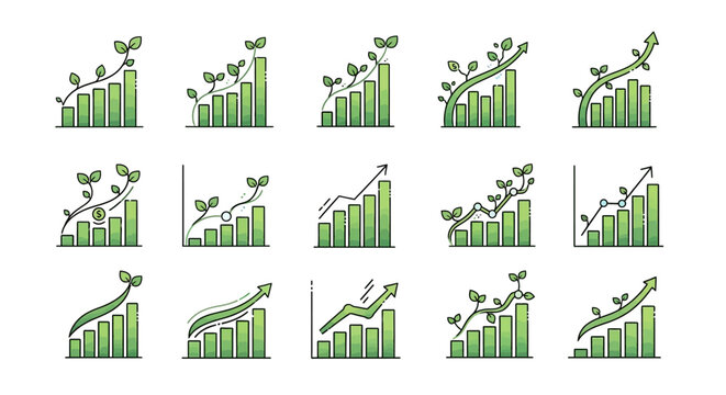 Collection of green bar graphs with growing plants.