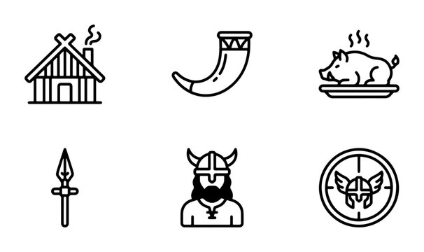Viking Icons Set: Norse Warrior, Mead Horn, Roasted Pig, Spear, Longhouse, Rune Symbol