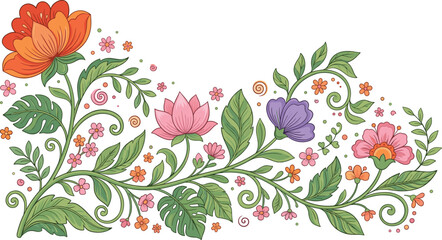 Elegant Floral Vine Border Vector Design with Colorful Blooming Flowers, Swirls, and Green Leaves Isolated on White Background for Decorative Greeting Cards © Rownok