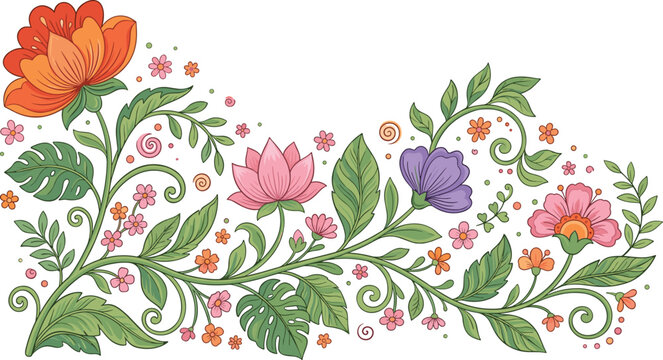 Elegant Floral Vine Border Vector Design with Colorful Blooming Flowers, Swirls, and Green Leaves Isolated on White Background for Decorative Greeting Cards