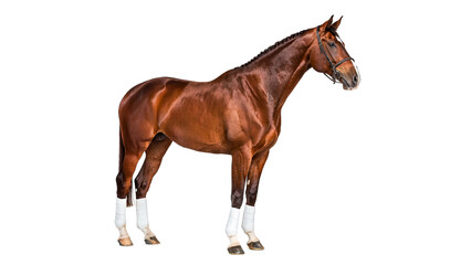 Obraz premium Beautiful chestnut brown horse standing looking elegant facing left side view isolated on transparent background