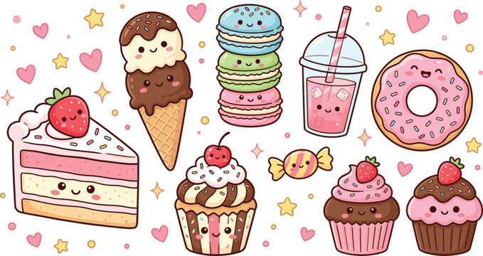 Cute Kawaii Sweet Dessert Vector Character Set with Ice Cream, Cupcakes, Cake Slice, Donut, Macarons, Drink, Candy, and Hearts on White Background