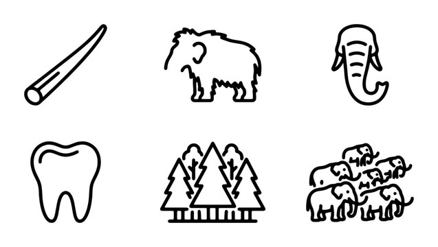 Mammoth Icons Set, Prehistoric Animals Vector Graphics, Ancient Elephants Collection, Paleontology Symbols
