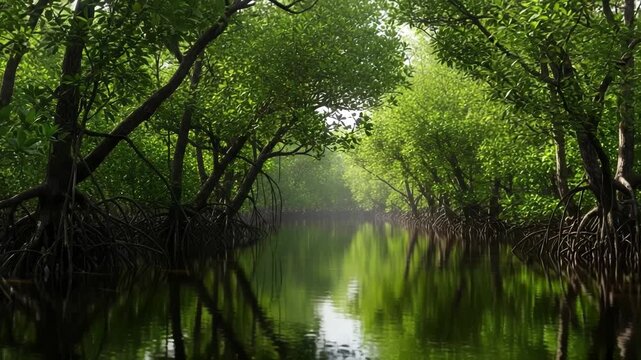 A serene mangrove forest with a calm river reflecting the trees