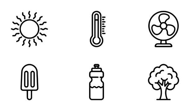 Summer Heat Icons: Sun, Thermometer, Fan, Popsicle, Water Bottle, Tree